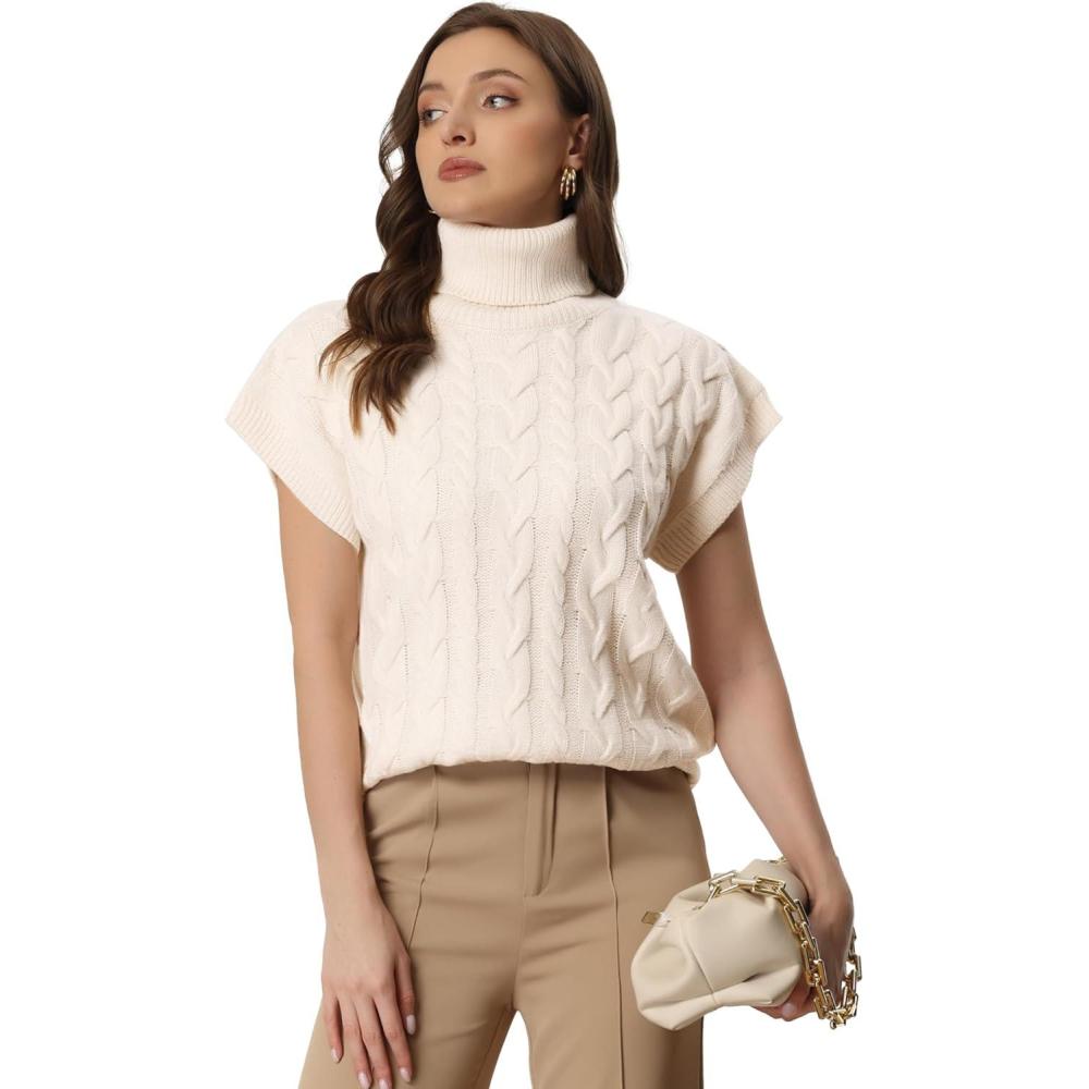 imageAllegra K Womens Casual Turtleneck Sweaters Mock Neck Twist Sleeveless Vests Knit Pullover Sweater VestApricot