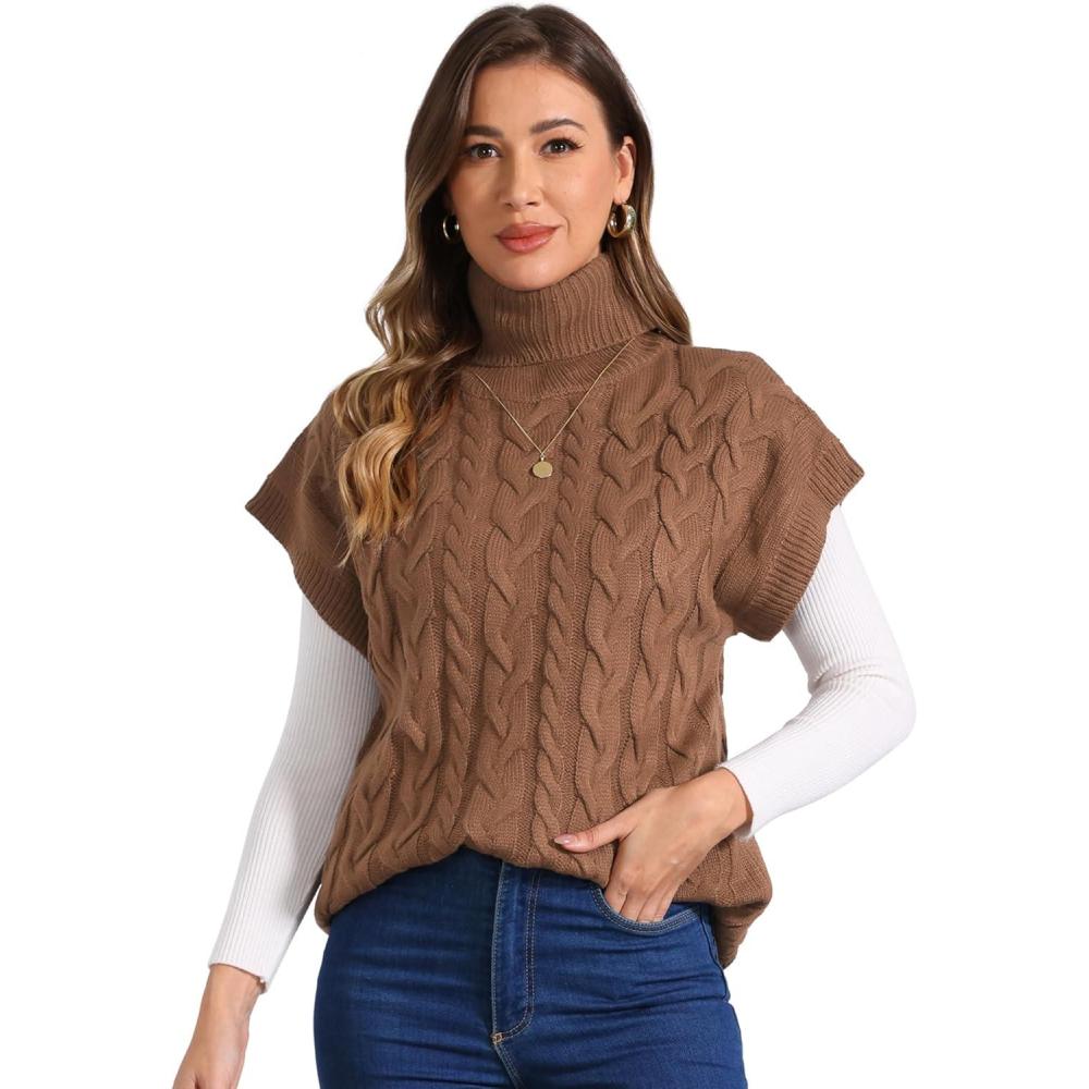 imageAllegra K Womens Casual Turtleneck Sweaters Mock Neck Twist Sleeveless Vests Knit Pullover Sweater VestBrown