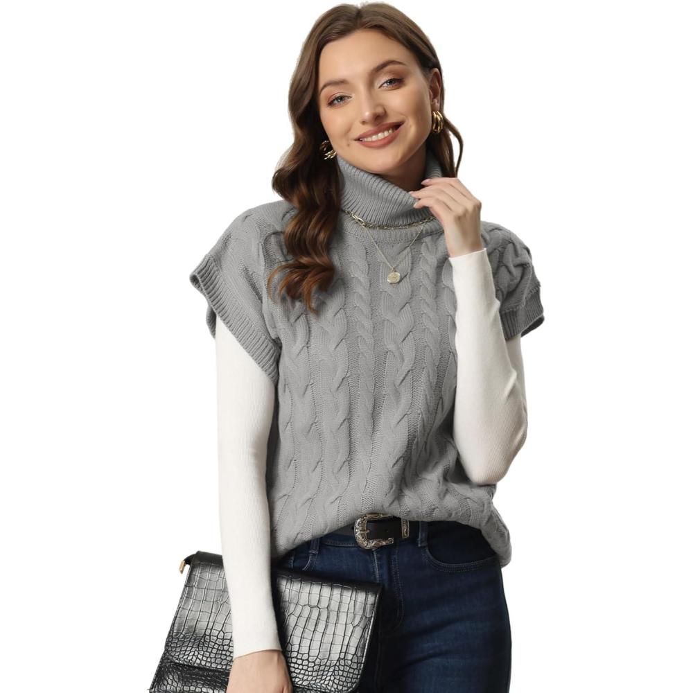imageAllegra K Womens Casual Turtleneck Sweaters Mock Neck Twist Sleeveless Vests Knit Pullover Sweater VestGrey