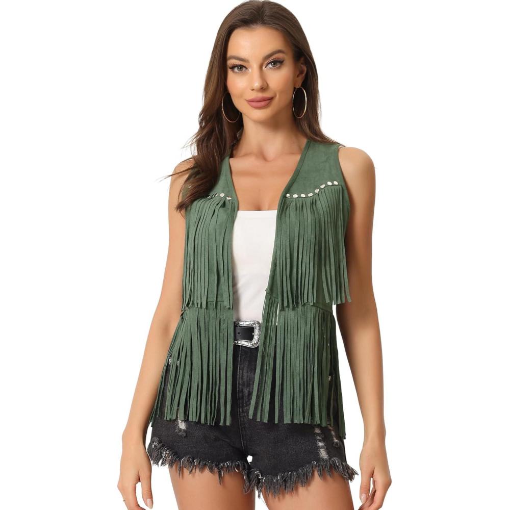 imageAllegra K Womens Fringe Vest Open Front Western 70s Outfits Faux Suede Tassel CardiganArmy Green