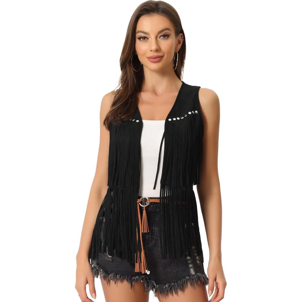imageAllegra K Womens Fringe Vest Open Front Western 70s Outfits Faux Suede Tassel CardiganBlack
