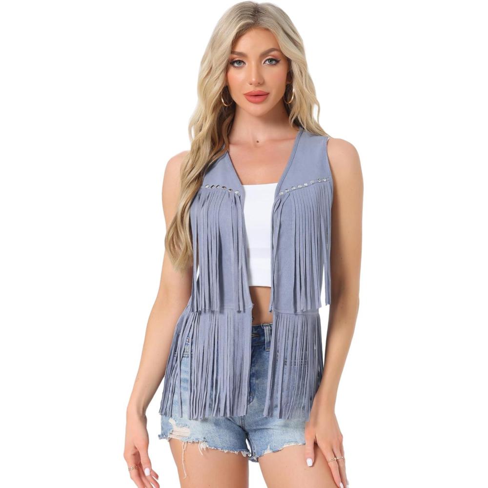 imageAllegra K Womens Fringe Vest Open Front Western 70s Outfits Faux Suede Tassel CardiganBlue