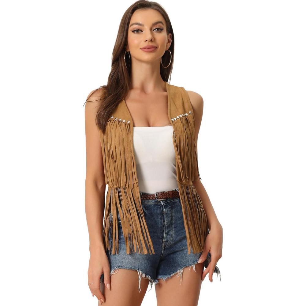 imageAllegra K Womens Fringe Vest Open Front Western 70s Outfits Faux Suede Tassel CardiganYellow