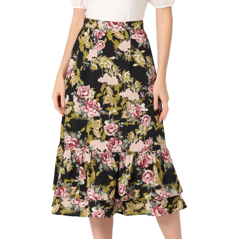 imageAllegra K Womens Printed Skirt 2025 Weekend Trendy Summer Chiffon Ruffle Tiered Flowy Midi SkirtsBlack Pinkfloral