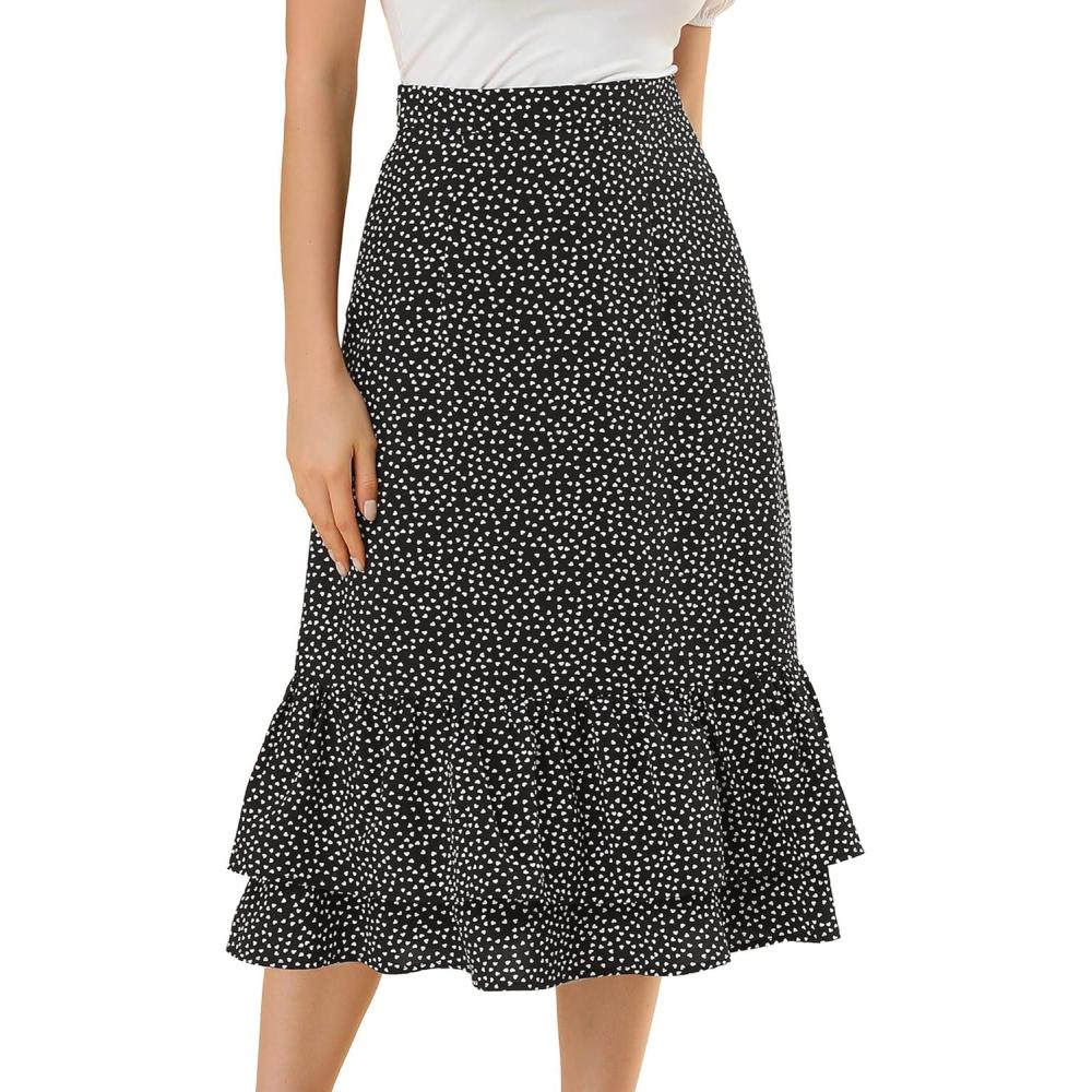 imageAllegra K Womens Printed Skirt 2025 Weekend Trendy Summer Chiffon Ruffle Tiered Flowy Midi SkirtsBlackheart
