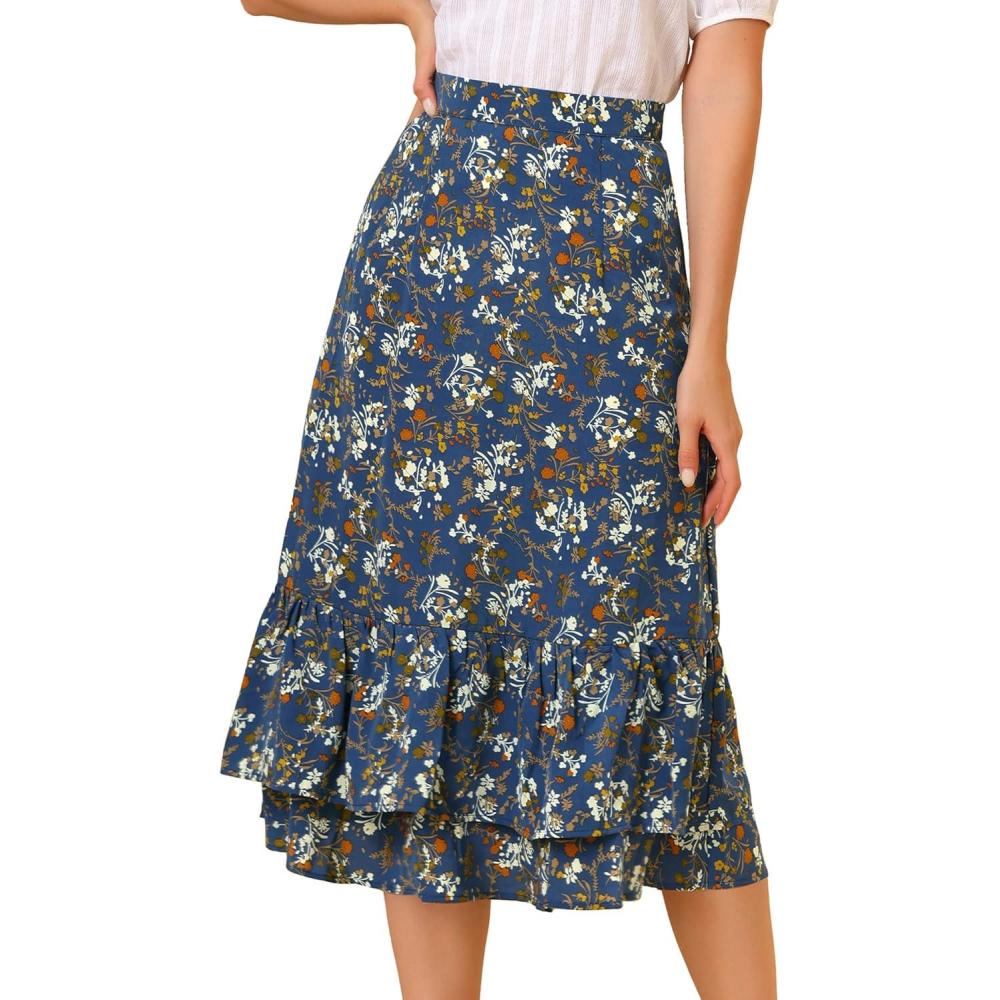 imageAllegra K Womens Printed Skirt 2025 Weekend Trendy Summer Chiffon Ruffle Tiered Flowy Midi SkirtsBluefloral