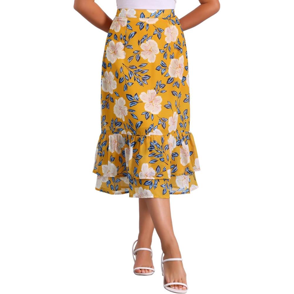 imageAllegra K Womens Printed Skirt 2025 Weekend Trendy Summer Chiffon Ruffle Tiered Flowy Midi SkirtsDark Yellowfloral