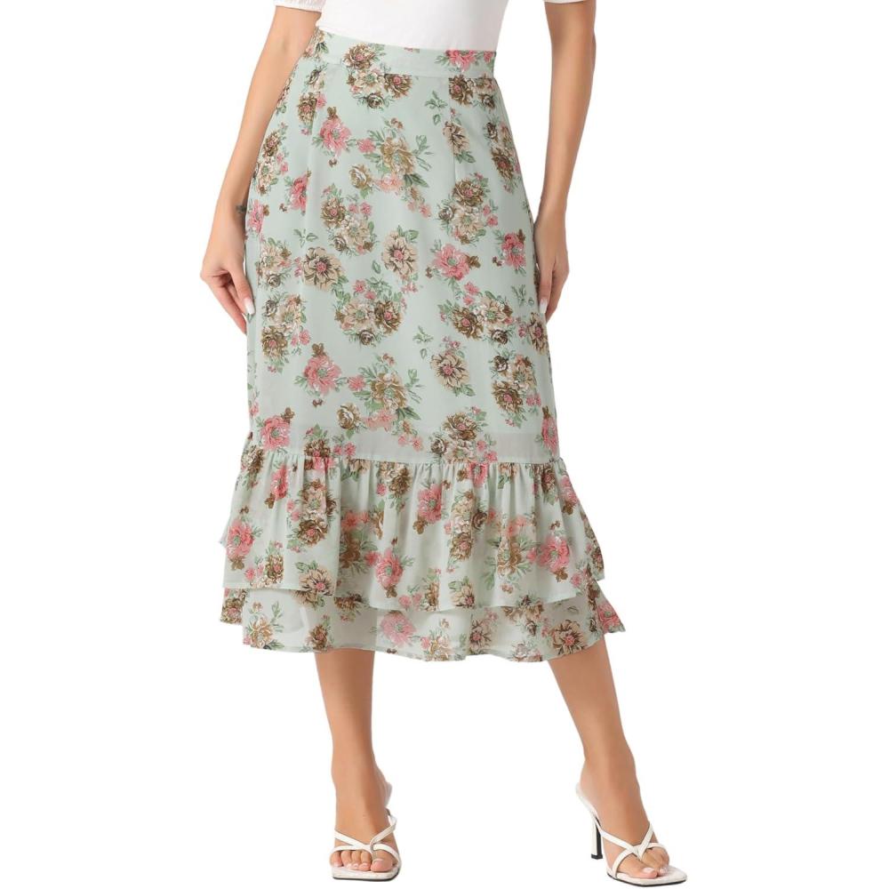 imageAllegra K Womens Printed Skirt 2025 Weekend Trendy Summer Chiffon Ruffle Tiered Flowy Midi SkirtsLight Greenfloral