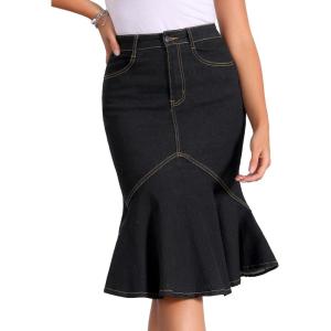 imageAllegra K Denim Jean Skirt for Womens High Waist Bodycon Ruffles Fishtail SkirtsBlack