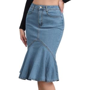 imageAllegra K Denim Jean Skirt for Womens High Waist Bodycon Ruffles Fishtail SkirtsLight Blue