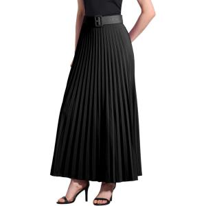 imageAllegra K Long Pleated Skirt for Womens Elastic High Waist with Belt Swing Aline Work Maxi SkirtBlack