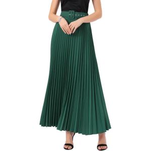 imageAllegra K Long Pleated Skirt for Womens Elastic High Waist with Belt Swing Aline Work Maxi SkirtDark Green