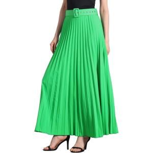 imageAllegra K Long Pleated Skirt for Womens Elastic High Waist with Belt Swing Aline Work Maxi SkirtGreen