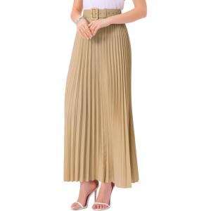 imageAllegra K Long Pleated Skirt for Womens Elastic High Waist with Belt Swing Aline Work Maxi SkirtKhaki