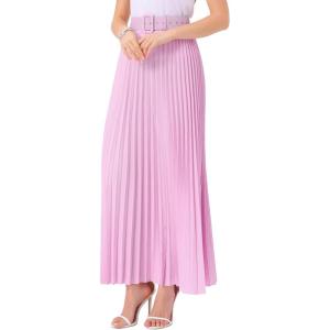 imageAllegra K Long Pleated Skirt for Womens Elastic High Waist with Belt Swing Aline Work Maxi SkirtRose Pink