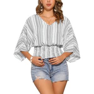imageAllegra K Tops for Womens Summer Boho V Neck Print Chiffon Top Smocked Batwing Dolman Sleeve BlousesWhite Black