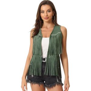 imageAllegra K Womens Fringe Vest Open Front Western 70s Outfits Faux Suede Tassel CardiganArmy Green