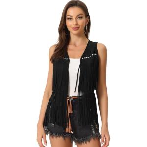 imageAllegra K Womens Fringe Vest Open Front Western 70s Outfits Faux Suede Tassel CardiganBlack