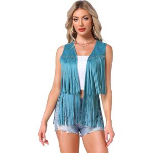 imageAllegra K Womens Fringe Vest Open Front Western 70s Outfits Faux Suede Tassel CardiganBright Blue