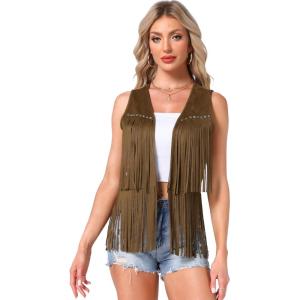imageAllegra K Womens Fringe Vest Open Front Western 70s Outfits Faux Suede Tassel CardiganBrown