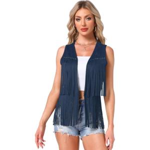 imageAllegra K Womens Fringe Vest Open Front Western 70s Outfits Faux Suede Tassel CardiganDark Blue