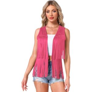 imageAllegra K Womens Fringe Vest Open Front Western 70s Outfits Faux Suede Tassel CardiganHot Pink