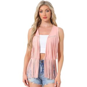 imageAllegra K Womens Fringe Vest Open Front Western 70s Outfits Faux Suede Tassel CardiganPink