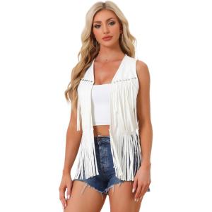 imageAllegra K Womens Fringe Vest Open Front Western 70s Outfits Faux Suede Tassel CardiganWhite