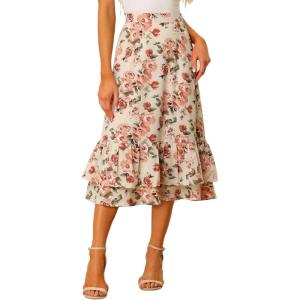 imageAllegra K Womens Printed Skirt 2025 Weekend Trendy Summer Chiffon Ruffle Tiered Flowy Midi SkirtsBeige Pinkfloral