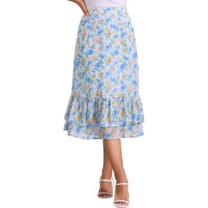 imageAllegra K Womens Printed Skirt 2025 Weekend Trendy Summer Chiffon Ruffle Tiered Flowy Midi SkirtsBlue Beigefloral