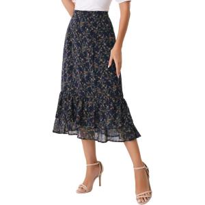 imageAllegra K Womens Printed Skirt 2025 Weekend Trendy Summer Chiffon Ruffle Tiered Flowy Midi SkirtsDark Blue Orangefloral
