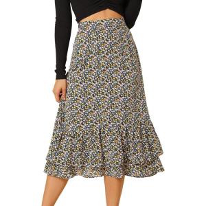 imageAllegra K Womens Printed Skirt 2025 Weekend Trendy Summer Chiffon Ruffle Tiered Flowy Midi SkirtsDark Bluefloral