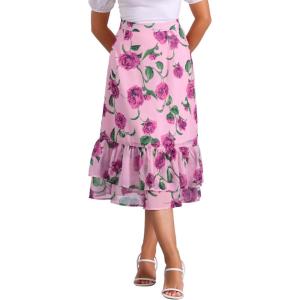 imageAllegra K Womens Printed Skirt 2025 Weekend Trendy Summer Chiffon Ruffle Tiered Flowy Midi SkirtsPink Purplefloral
