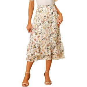 imageAllegra K Womens Printed Skirt 2025 Weekend Trendy Summer Chiffon Ruffle Tiered Flowy Midi SkirtsWhite Yellowfloral
