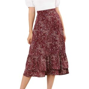 imageAllegra K Womens Printed Skirt 2025 Weekend Trendy Summer Chiffon Ruffle Tiered Flowy Midi SkirtsWine Redfloral