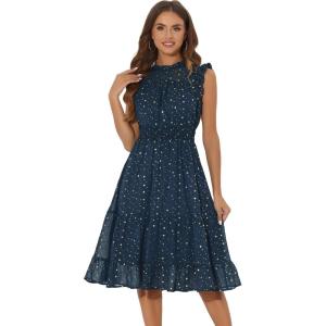 imageAllegra K Casual Chiffon Midi Dress for Womens Sleeveless Smocked Waist Gilding Metallic Stars Party DressesDark Blue