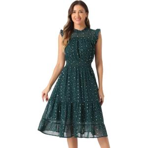 imageAllegra K Casual Chiffon Midi Dress for Womens Sleeveless Smocked Waist Gilding Metallic Stars Party DressesDark Green