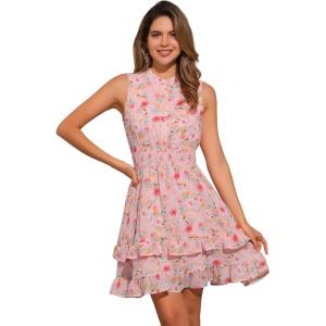 imageAllegra K Womens Floral Chiffon Dresses Smocked Mini Sleeveless ALine DressPink Yellow
