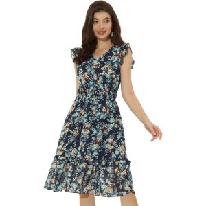 imageAllegra K Womens Summer Floral Dress Flutter Sleeve V Neck Ruffle Casual Beach Vacation Smocked DressesDark Blue White