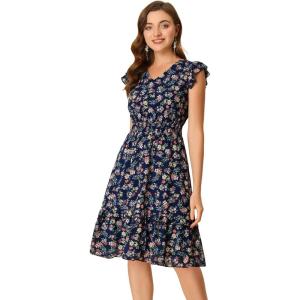 imageAllegra K Womens Summer Floral Dress Flutter Sleeve V Neck Ruffle Casual Beach Vacation Smocked DressesNavy