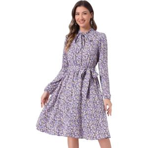 imageAllegra K Womens Tie Neck Dresses Chiffon Long Sleeve Belted Vintage Floral DressPurples
