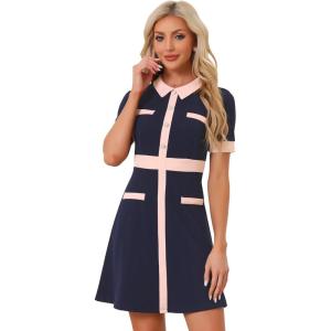 imageAllegra K Womens Vintage Work Dress Contrast Color Fit and Flare DressesDark Blue
