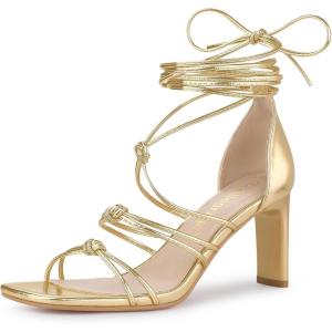 imageAllegra K Womens Lace Up Strappy Chunky High Heels SandalsGold