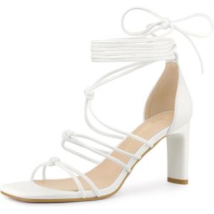 imageAllegra K Womens Lace Up Strappy Chunky High Heels SandalsWhite