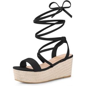 imageAllegra K Womens Lace Up Wedge Heel Slingback Platform Strappy SandalsBlack