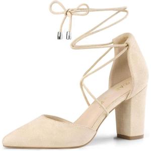 imageAllegra K Womens Pointed Toe Chunky Heels Lace Up Sandals PumpsBeige