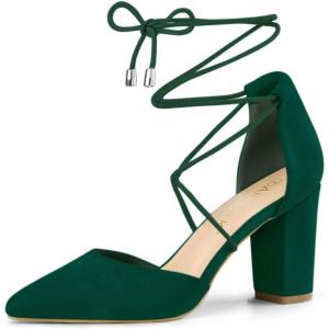 imageAllegra K Womens Pointed Toe Chunky Heels Lace Up Sandals PumpsDark Green