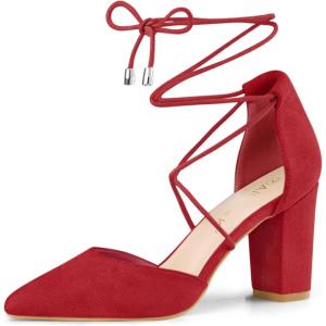 imageAllegra K Womens Pointed Toe Chunky Heels Lace Up Sandals PumpsRed