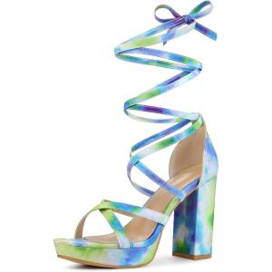 imageAllegra K Womens Tie Dye Platform Chunky Heel Lace Up SandalsGreen Blue