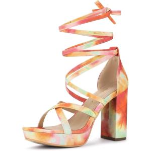 imageAllegra K Womens Tie Dye Platform Chunky Heel Lace Up SandalsOrange